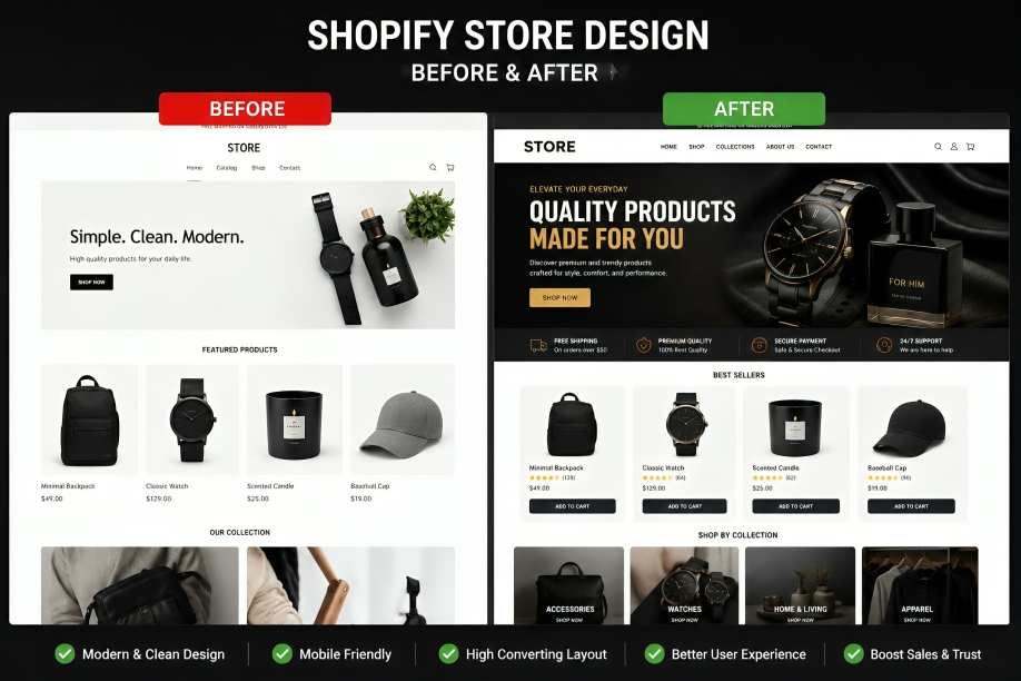 Shopify store redesign before and after comparison